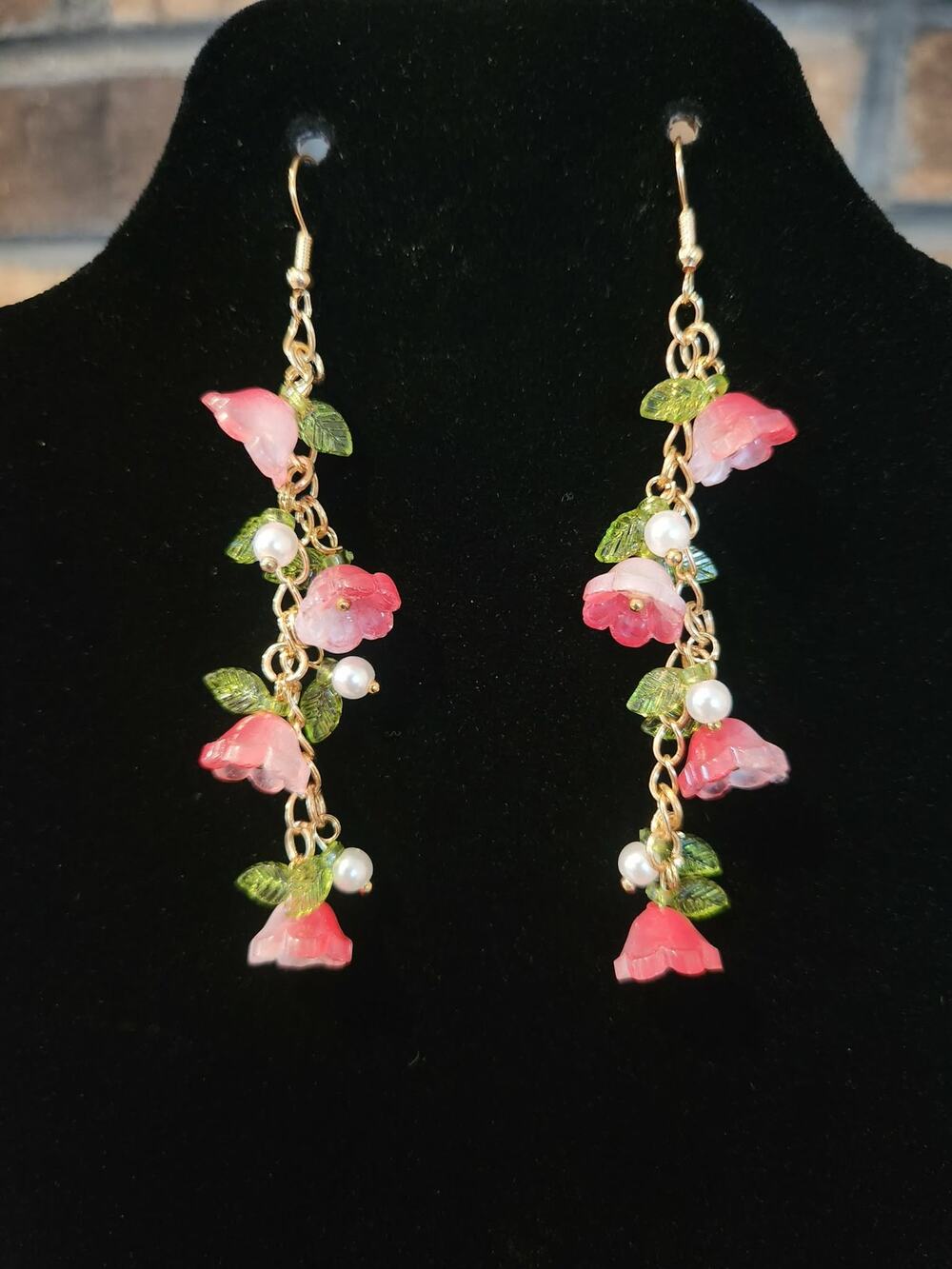 Pink Floral Dangle Earrings Cascading Bell Shaped Blossoms Green Leafy Accents